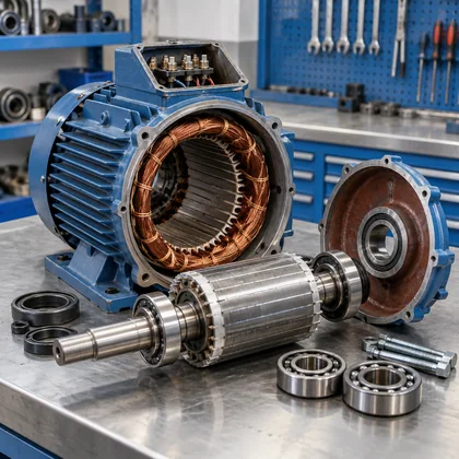 Tamir incelemesi için parçaları ayrılmış endüstriyel elektrik motoru