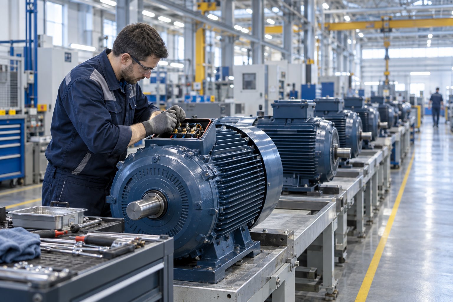 Fabrika motor odasında sıralanmış büyük endüstriyel tahrik motorları