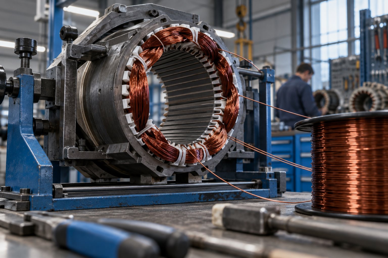 Sarım için hazırlanmış bakır iletken bobinleri ve stator çekirdeği